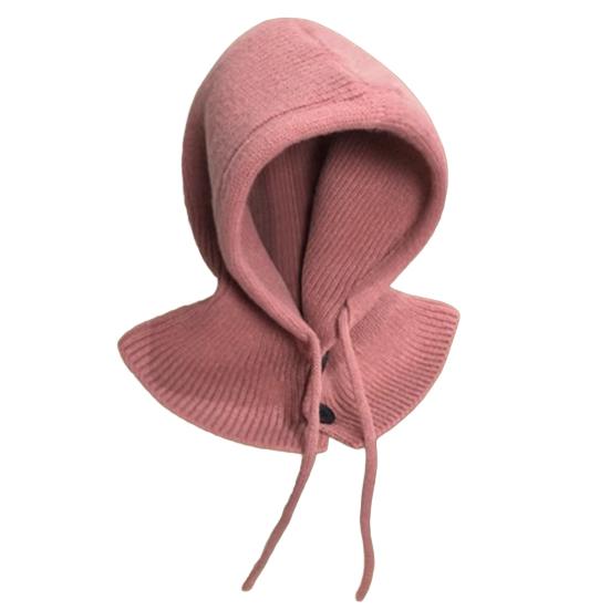

Hooded Scarf Hat Solid Color Adjustable Drawstring Pullover Hat Buttons Closure Knitted Winter Hat Loose Fit Neck Gaiter M розовый