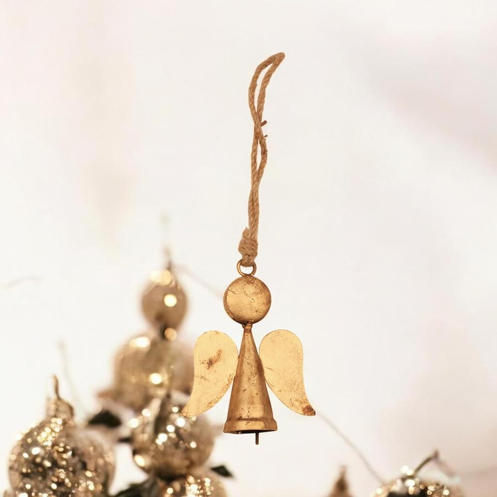 Rustic Gold 5 Pcs Guardian Angel Ornaments with Bells for Christmas Tree Decor, Handmade Memorial Gift