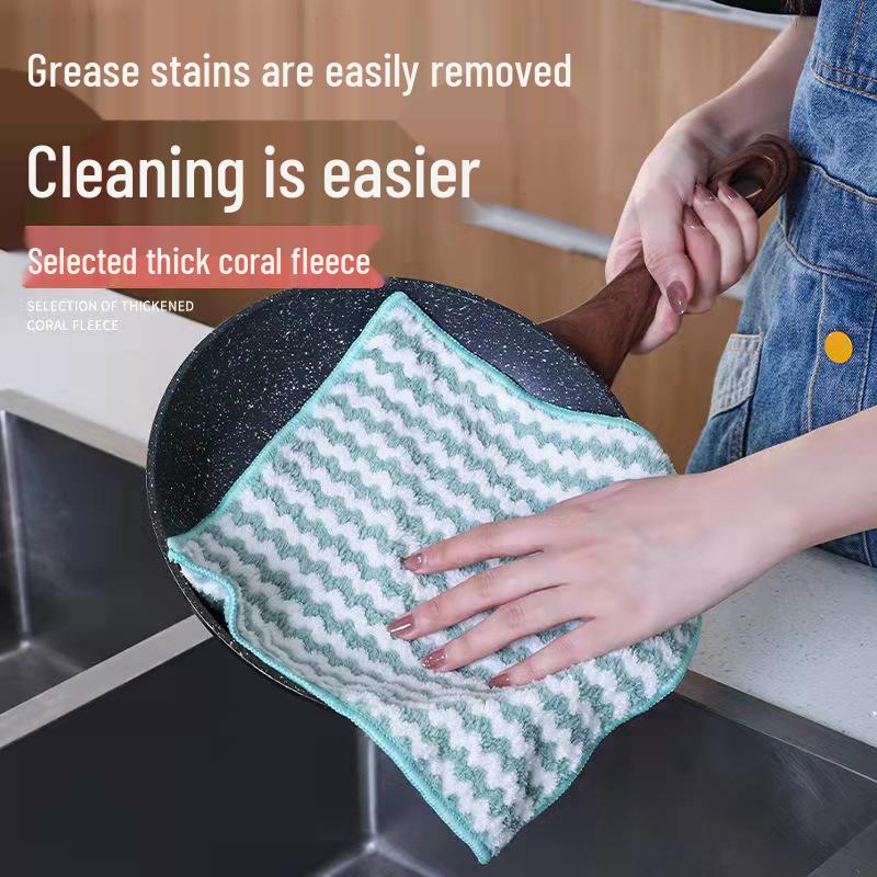 Top-Selling Striped Coral Fleece Dishcloths - Non-Stick, Lint-Free, Thick Bamboo Fiber Cleaning Towels
