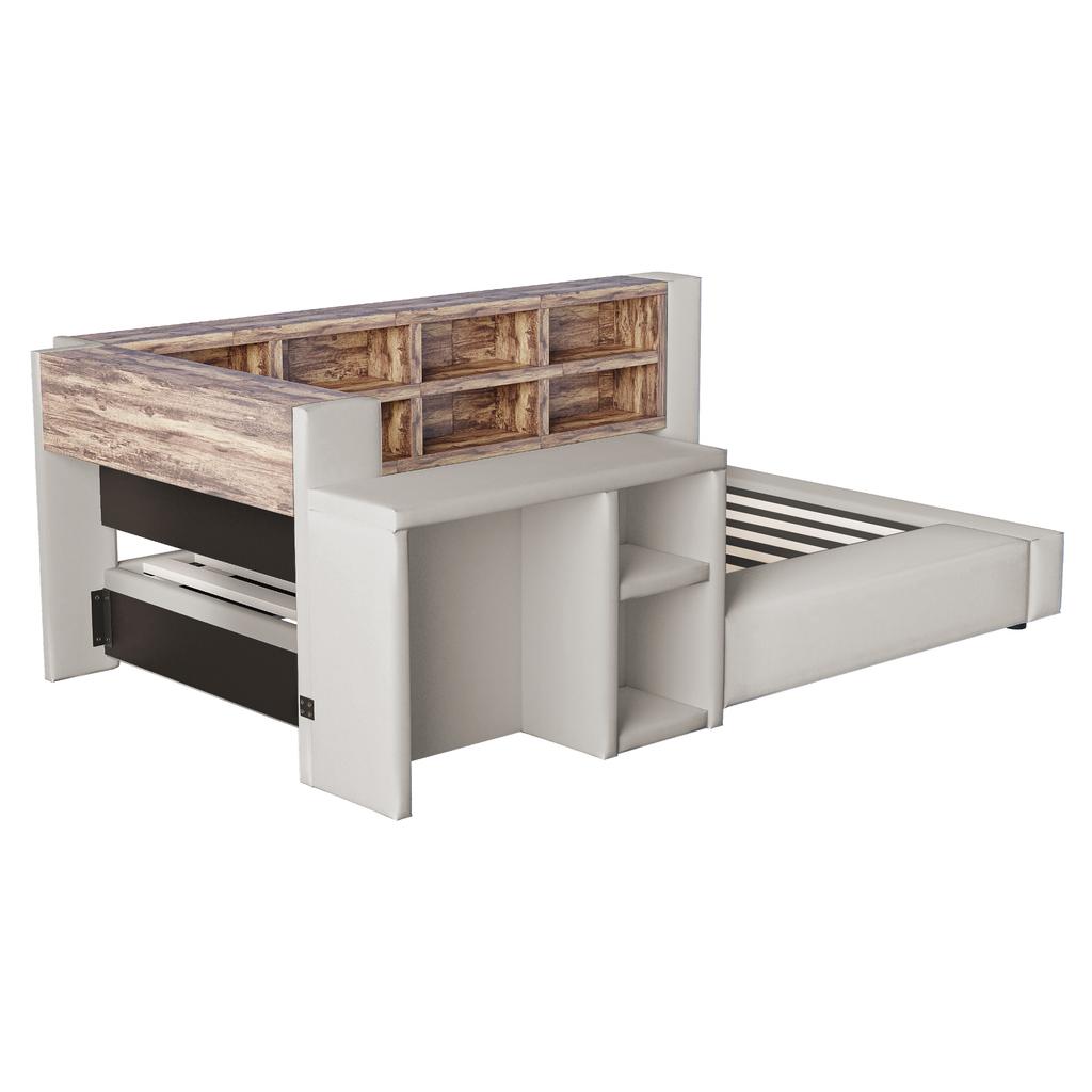 Upholstered Bed 90 X 200 Cm, Multi-Level Storage Compartments, LED Lighting, Integrated Sockets Headboard, Side Table, Padded Backrest, Light Grey