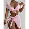 Solid Color Swimsuit Women 4-Piece Bikini Sexy Beach Skirt Bathing Suit Short Sleeve Swimwear High Waist Summer Beachwear