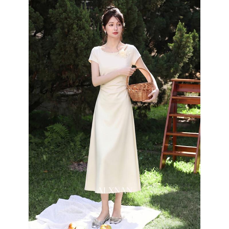 Luxiangnan French Apricot Short-Sleeve Maxi Dress S