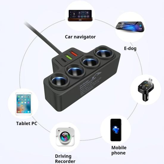 Car Charger 3 USB Ports QC3.0 And PD 3.1A 120W 4-Socket Built-in Safety Wire Fast