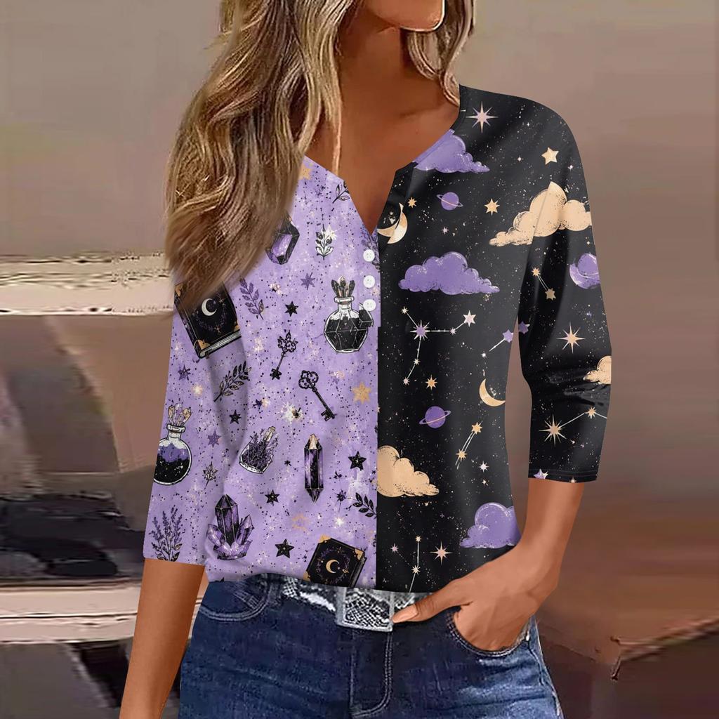 Women Casual Halloween Print V Neck 3/4 Sleeve Button Front Top Lightweight Soft Fabric Relaxed Fit Shirt