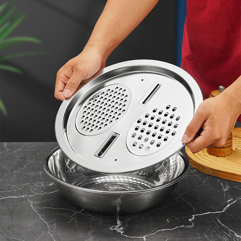 Stainless Steel Multi-functional Rice and Vegetable Washing & Grating Basin Set with Colander (3 Pieces)