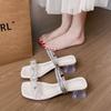 Temperament French Sandals One-word Sandals 2025 New Summer Two Wear Fashion Fairy Rhinestone Transparent Thick Heel Slippers Woman
