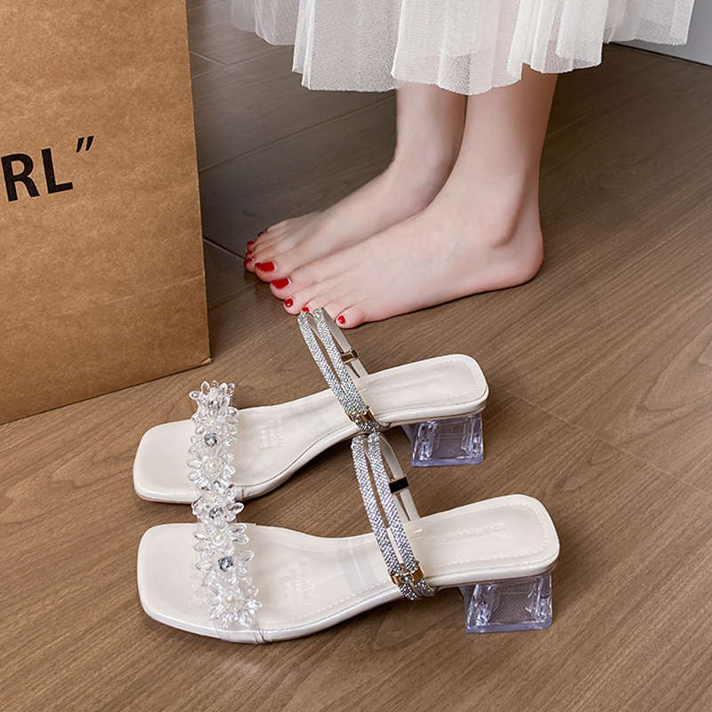 Temperament French Sandals One-word Sandals 2025 New Summer Two Wear Fashion Fairy Rhinestone Transparent Thick Heel Slippers Woman