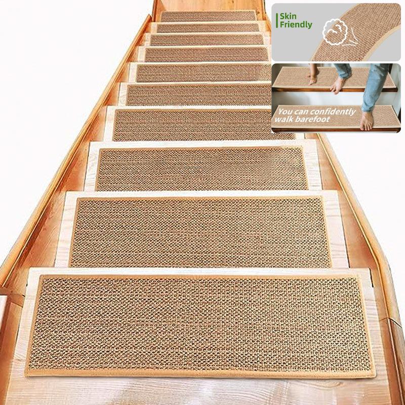 Japanese Style Imitation Linen Stair Mat Household Silent Floor Mat Rubber Non-slip Stepping Mat Wooden Floor Protection Mat 1PCS