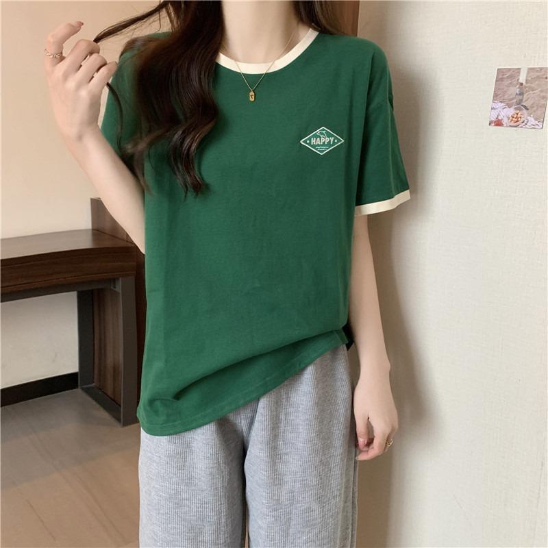 

Super Hot Contrasting Color Short-sleeved Women s Summer New Student Loose Half-sleeved Hong Kong Style Top L зелёный
