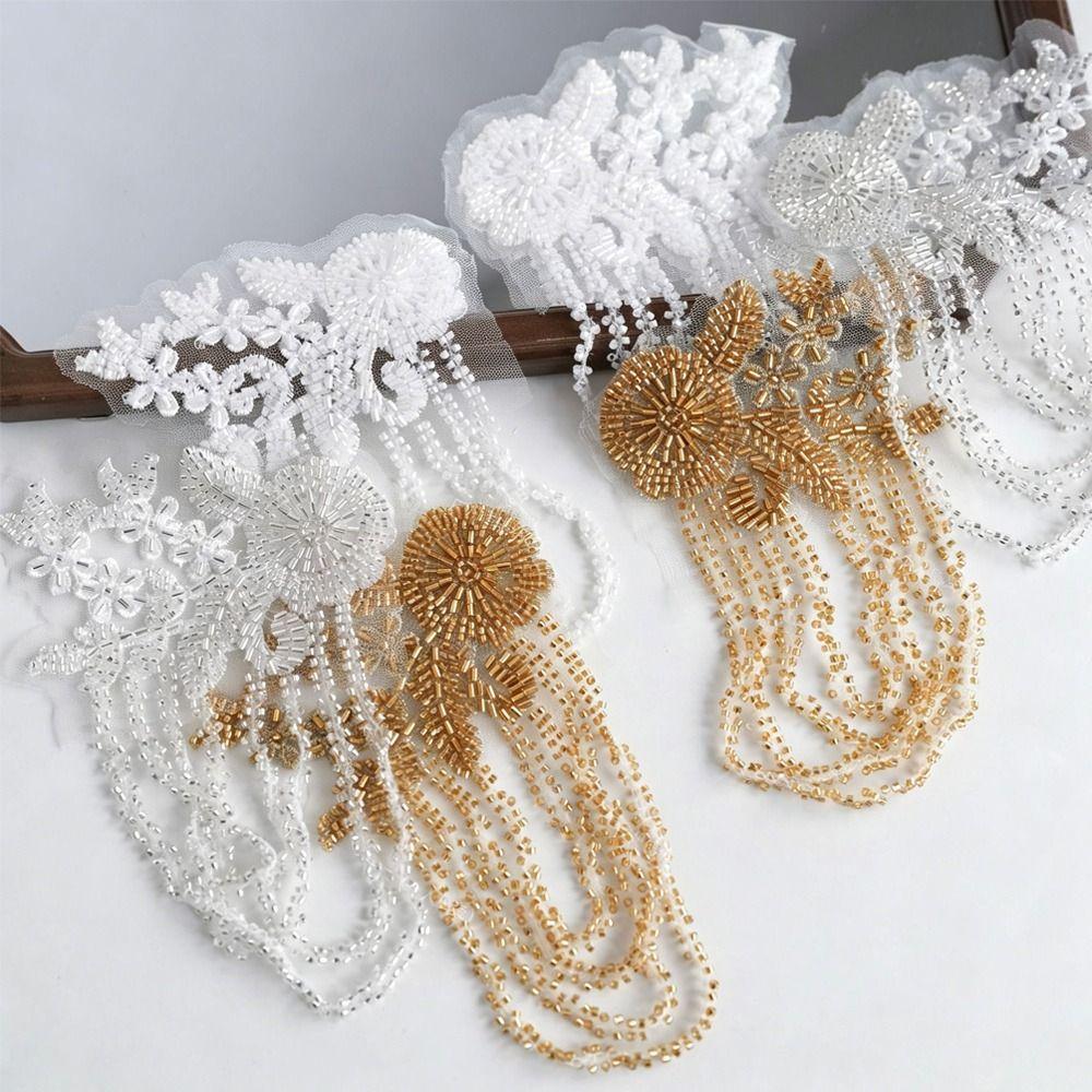Pearl Embroidery Shoulder Ornaments Handmade Diamond Binding Beads Embroidery Patch Sequince Beaded Gold Embroidery
