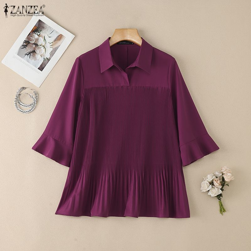 ZANZEA Damen Casual Umlegekragen 3/4 Ärmel Lockere Bluse