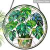 2D Flat Stained Glass Green Plant Monstera Deliciosa Window Decoration Colored Glass Plate, 7.87inches Hanging Ornament with Chain, Charming Spring