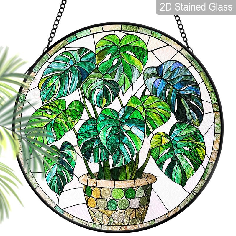 2D Flat Stained Glass Green Plant Monstera Deliciosa Window Decoration Colored Glass Plate, 7.87inches Hanging Ornament with Chain, Charming Spring