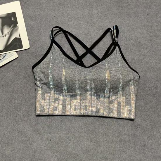 Women's Rhinestone Padded Sports Bra Seamless Cami Cropped Tank Top Crisscross Back Shiny Workout Bra