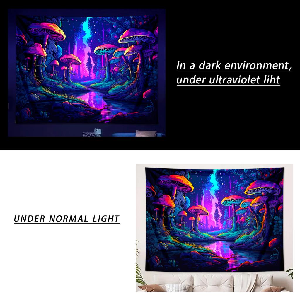 1pc UV reactive mushroom tapestry, neon effect black light tapestry, fantasy landscape mushroom forest fluorescent tapestry
