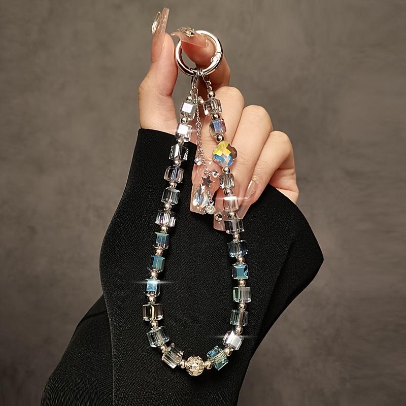 Luxury Crystal Bead Short Lanyard with Clip, Phone Case Keychain Bag Charm, High End Crystal Phone Strap Gift