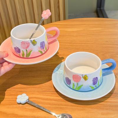 Handbemalte, exquisite Tulpen-Kaffeetasse, hochwertiges Keramik-Tassen- und Untertassenset, Nachmittagstee-Geschenk
