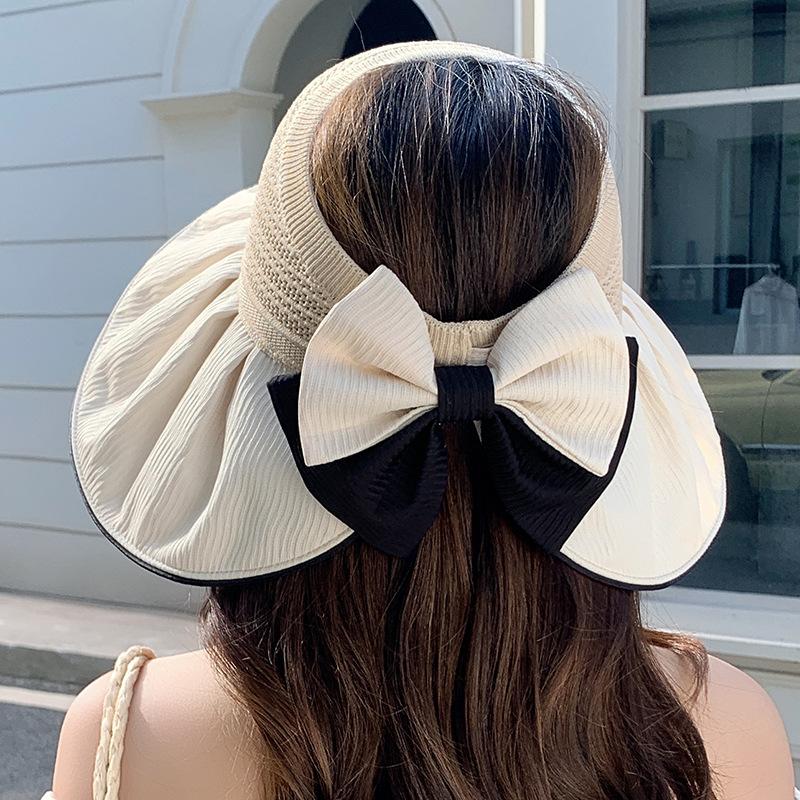 Summer Two Tone Big Bow Sun Hat Fashionable Sweet Breathable Empty Top Hat Big Brim Sun Hat