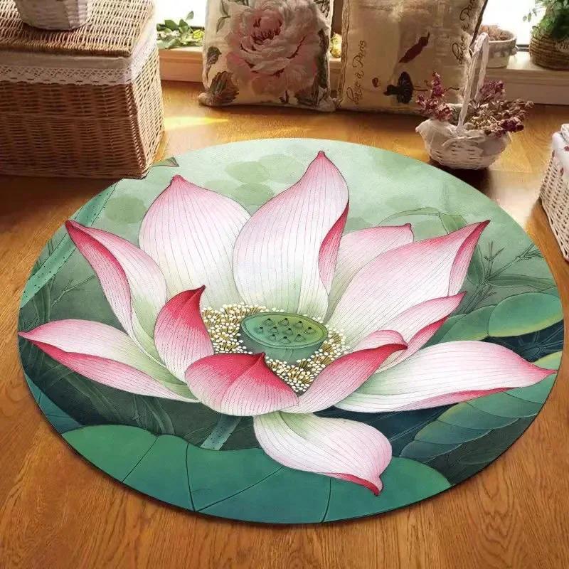 Lotus Landscape Painting Round Carpet Chair Sofa Carpets Home Living Room Bedroom Bathroom Floor Mat Printed Home Decorations