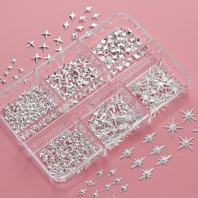 Set di Borchie per Nail Art a 6 Scomparti/Scatola, Borchie per Unghie Costellazione del Cielo Stellato, Decorazioni Metalliche Argentate per Unghie, Kit Charms per Manicure per Design Fai-da-te delle Unghie