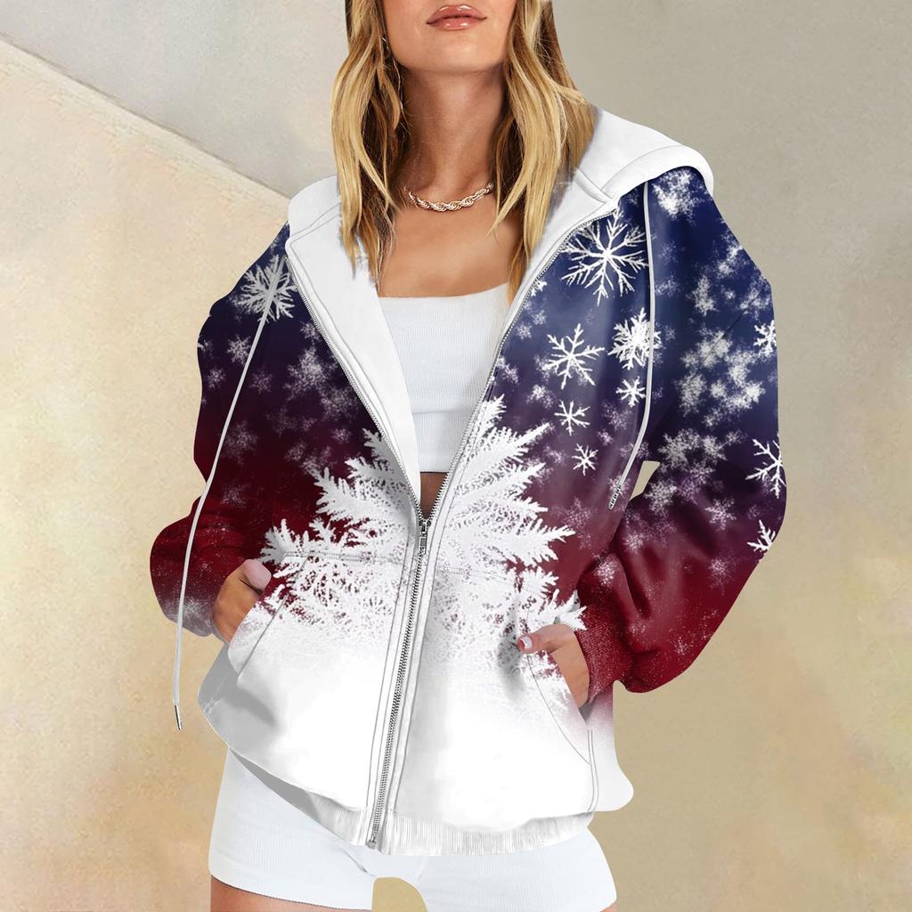 Women's Casual Fashion Printed Long Sleeve Pullover Hoodies Zipper Sweatshirts Coat