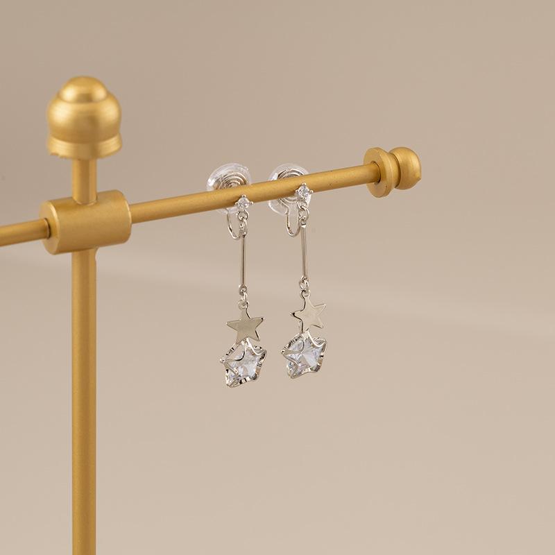 Delicate Rhinestone Star Long Mosquito Coil Ear Clips Without Ear Holes