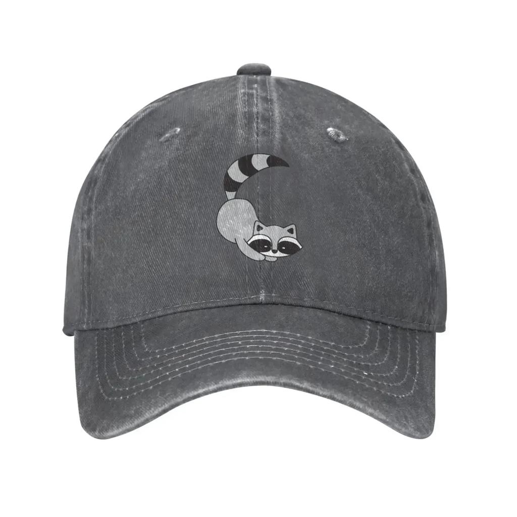 Cute Gray Racoon Vintage Adjustable Washed Denim Cotton Low Profile Mens Dad Trucker Hat Fitted Baseball Ball Cap for Men Unisex