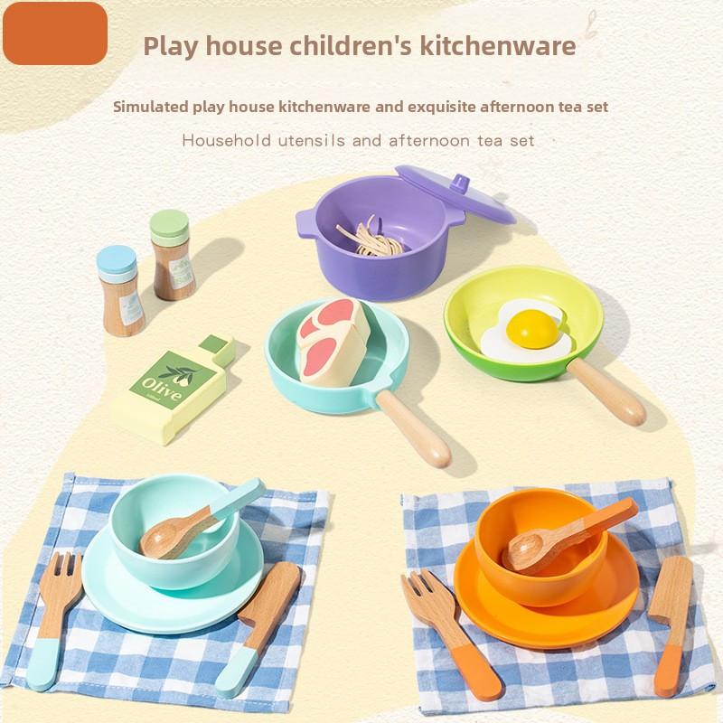 Wooden Simulation Colored Afternoon Tea Kitchen Utensil Set Children Toys For Imaginative Role Play