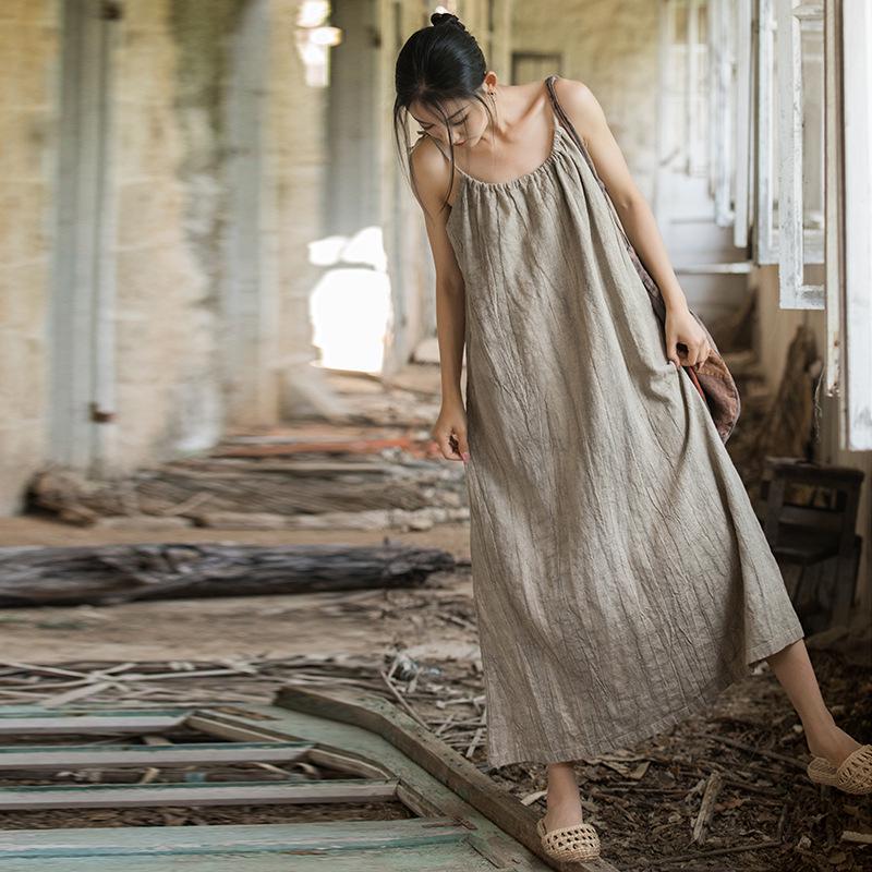 Linen Tie-Dye Adjustable Strappy Dress - Retro French Elegant Casual Wear for Spring and Summer