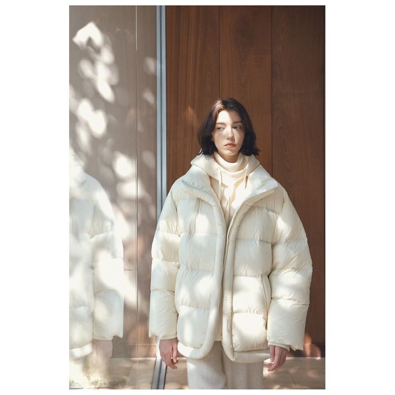 

Hello Korean Style Light Soft Glutinous Puff Stand Collar White Duck down Short down Jacket Female Winter Thickened Puffer Jacket M7323 Apricot color One size