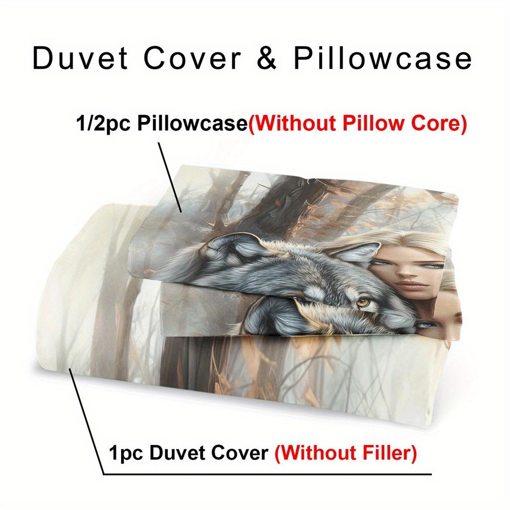 Animal Theme Down Wolf and Beauty Pattern Printed Duvet Cover Set - Comfortable and Breathable Beauty Theme Printed Bedding Set