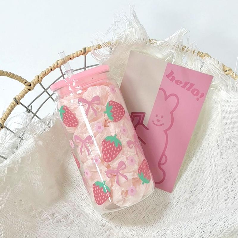 Sklenice s mašlí Roztomilý hrnek na vodu Kreslený hrnek se sklenicí s mašlí Pruhovaný Roztomilý Doodle Kávový hrnek Domácí Ovocný čaj Limonáda Dívčí dárek