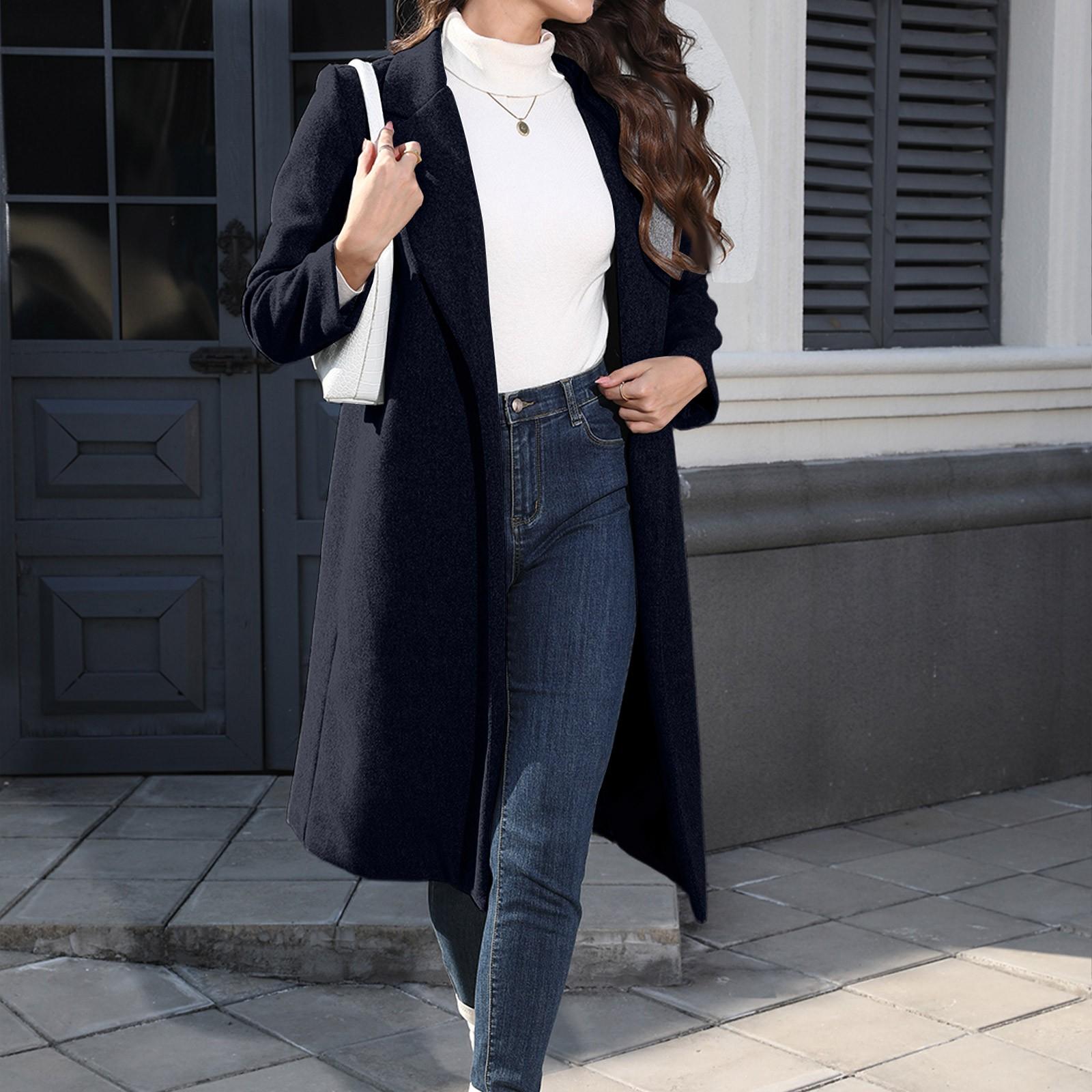 

Женское повседневное шерстяное пальто с длинными рукавами, V-образным вырезом и одной пуговицей, однотонное L тёмно-синий