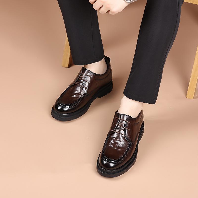Leather shoes men's sewing bags British casual shoes lace-up business commuter shoes thick-soled wear-resistant men's shoes inner heightening loafers