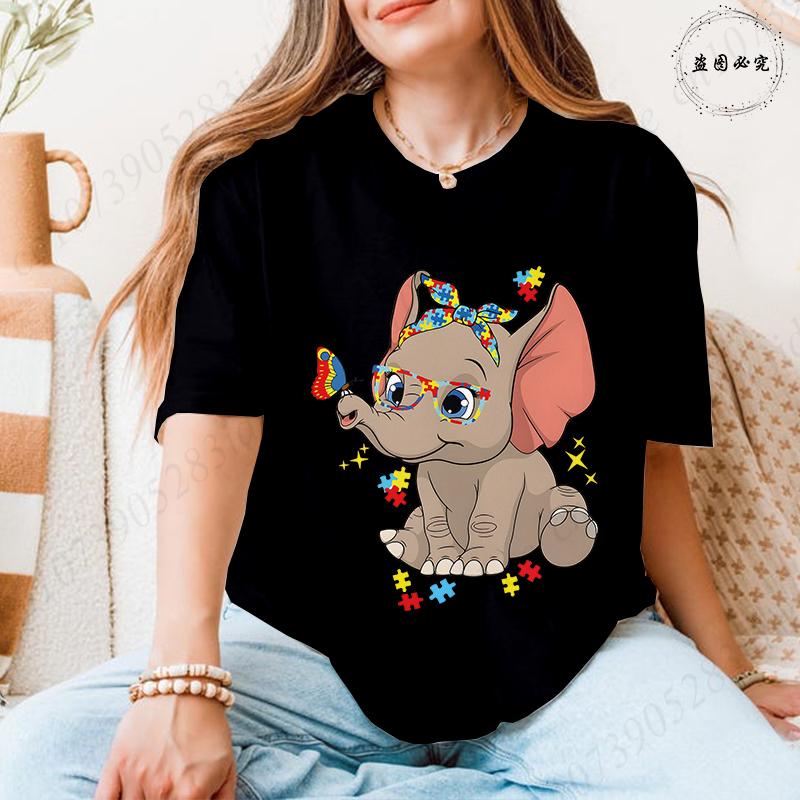 Unisex's Autism Awareness T-shirts: Cute Elephant Puzzle Graphic Tops Walking A Different Path Short Sleeve Autism Support Tees