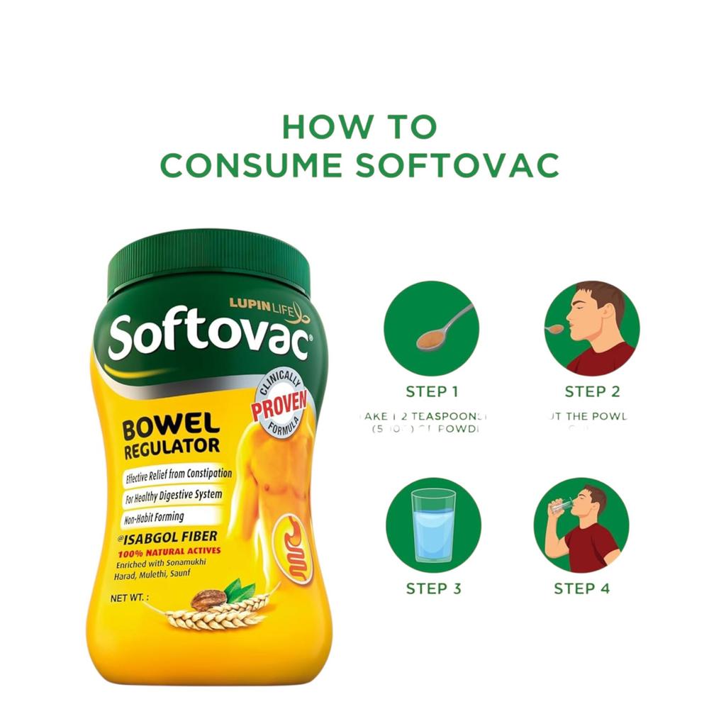 Softovac Isabgol Bowel Regulator Powder 450g – Gentle Stool Softener, Psyllium Husk Fiber, Relieves Bloating, Supports Digestive, Non-Habit Forming