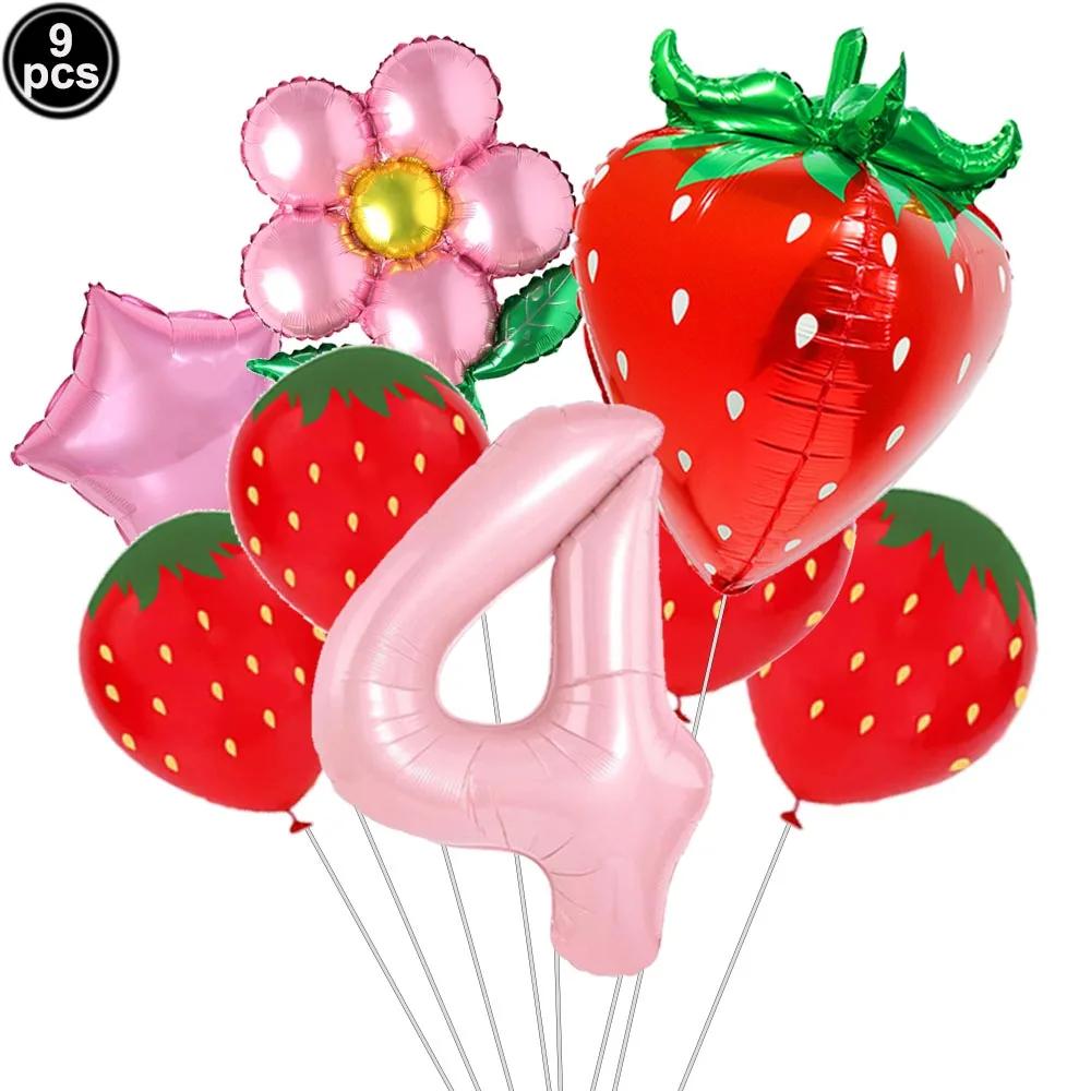 9pcs Strawberry Balloons Kits Birthday Decorations for Girls 32inch 0-9 Number Balloons for Strawberry Birthday Party Decors