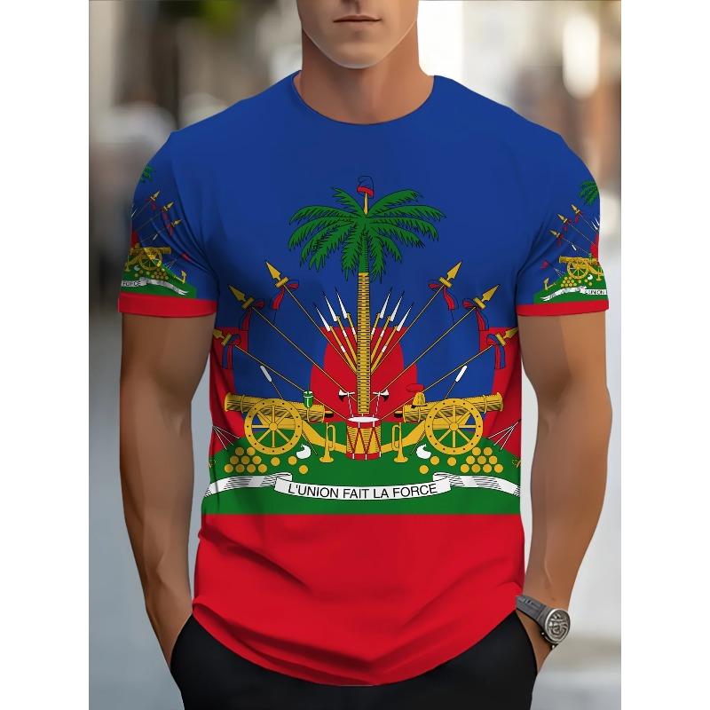 Men's Novelty T-Shirt | Vibrant Multi-Color Polyester Casual Tee with Haitian Flag & Cannon Print | Round Neck,Regular Fit