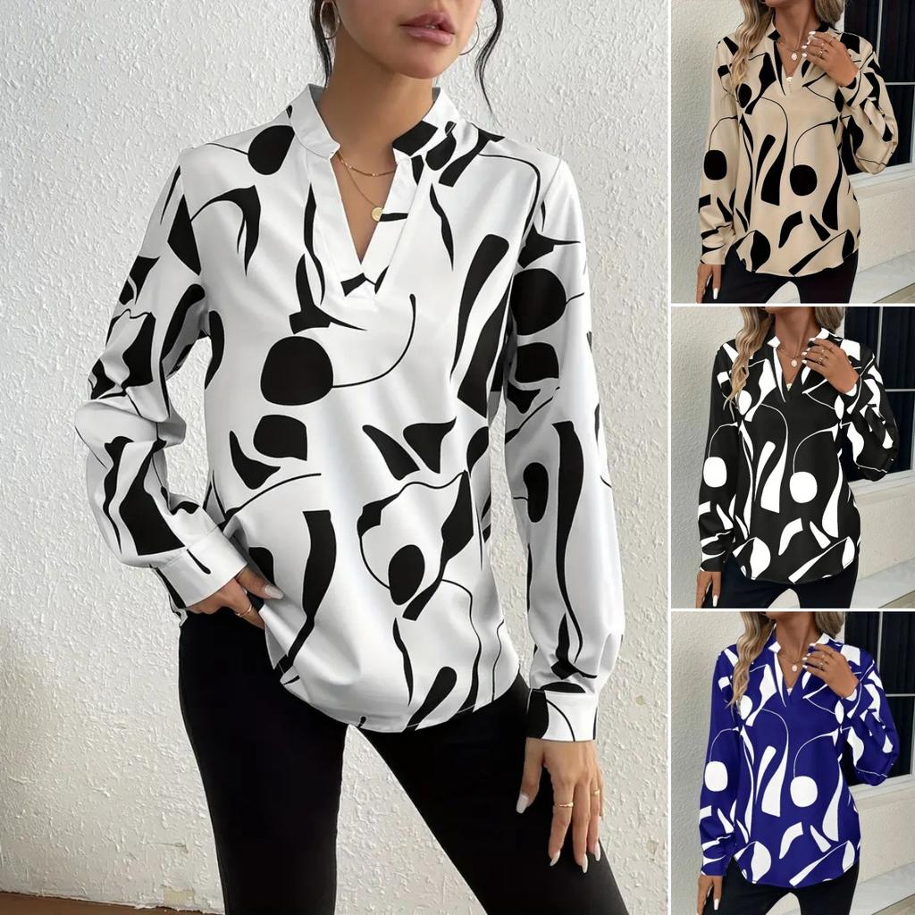Women's Elegant V-Neck Shirt Casual Print Long Sleeve Shirt for Spring