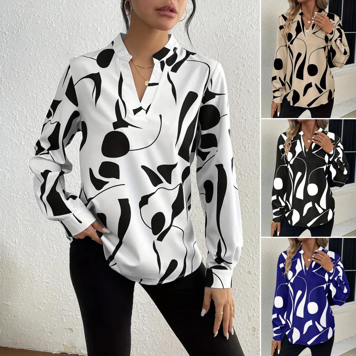 

Women s Abstract Print Long Sleeve Shirt, V-Neck Stand Collar Blouse, Casual Loose Fit Top S