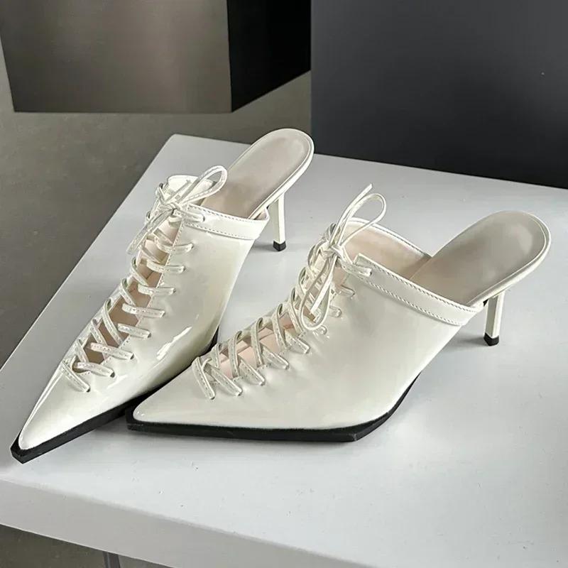 Fashion New Sexy T-tied Lace-up Pointed Toe Women Pumps Slippers 2025 Summer Elegant Thin High Heels Party Prom Mules Shoes for Women