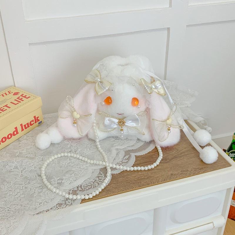 Lolita Plüsch Hasen Tasche mit Schleife, Perlenkette und Herz Design - Süße Girly Umhängetasche