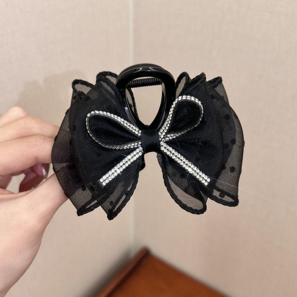 New Crystal Diamond Bow Hair Claw Clip Elegant Korean Rhinestone Shark Clip Hairpin Hair Clamp Hair Accessory for Women Pan Hair
