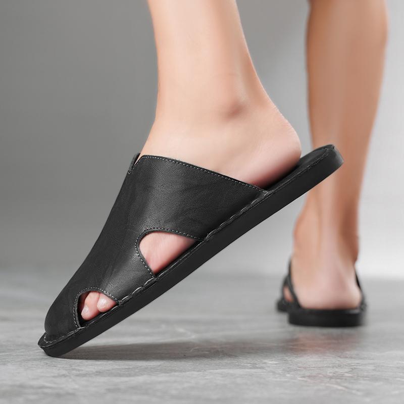 Men Slippers Handmade Simple Flats Brown Leather Sandals Black Summer Roman Sandals Closed Toe Beach Shoes Plus Size