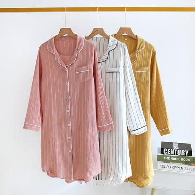 Frühling Sommer Damen Langarm Nachthemd Baumwolle Mittellang Gestreiftes Hemd Nachtkleid mit Knopf Nachtwäsche Damen Zuhause Nachthemd