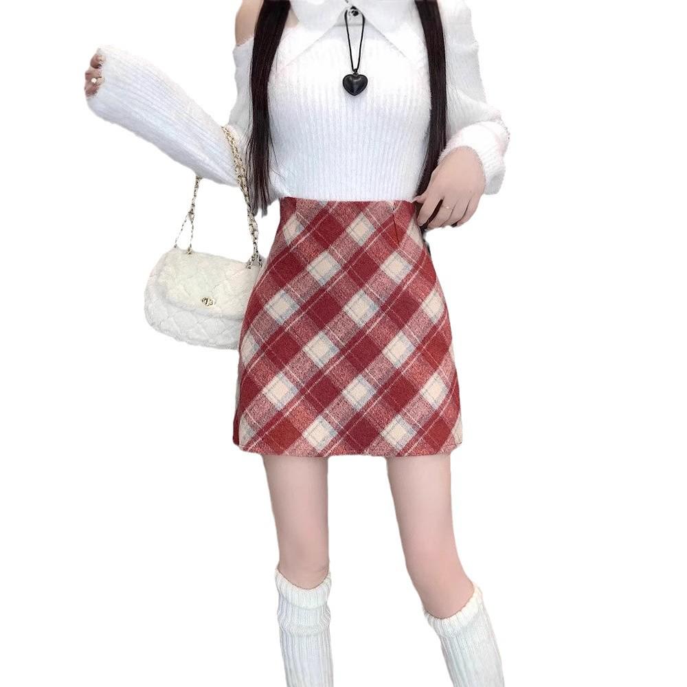 Women's High Waist Plaid Wool Midi Skirt - Autumn/Winter Bodycon Slimming Style