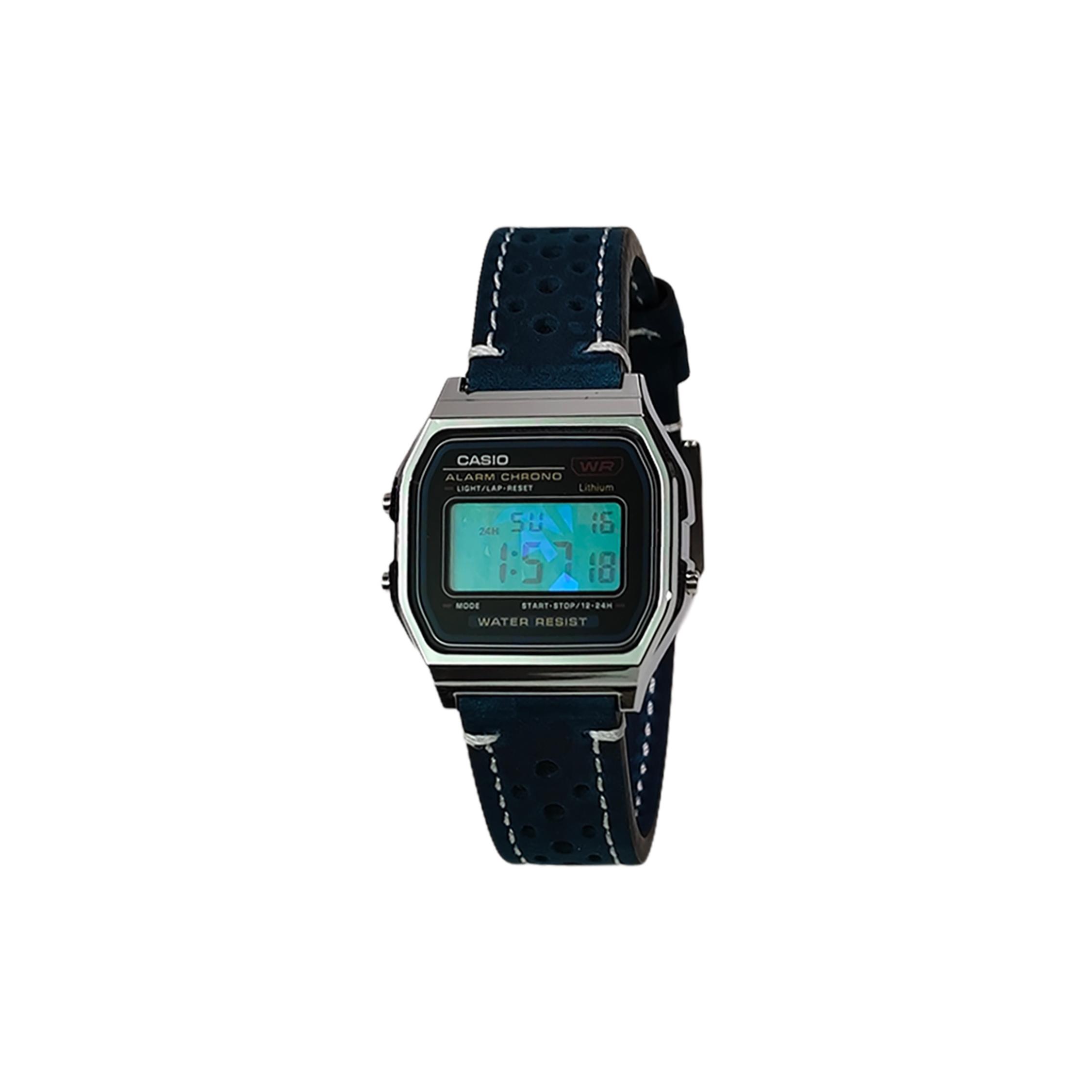 CASIO Custom Collection Quartz Movement Leather Strap Watch Unisex Black Dial A159WA-N1D(Watch5--) Blue Strap