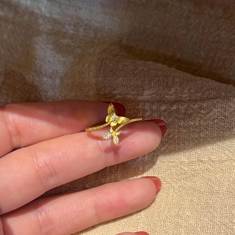 Open Ring French Vintage Butterfly Vine Design Elegant Diamond Studded Gold Ring for Women