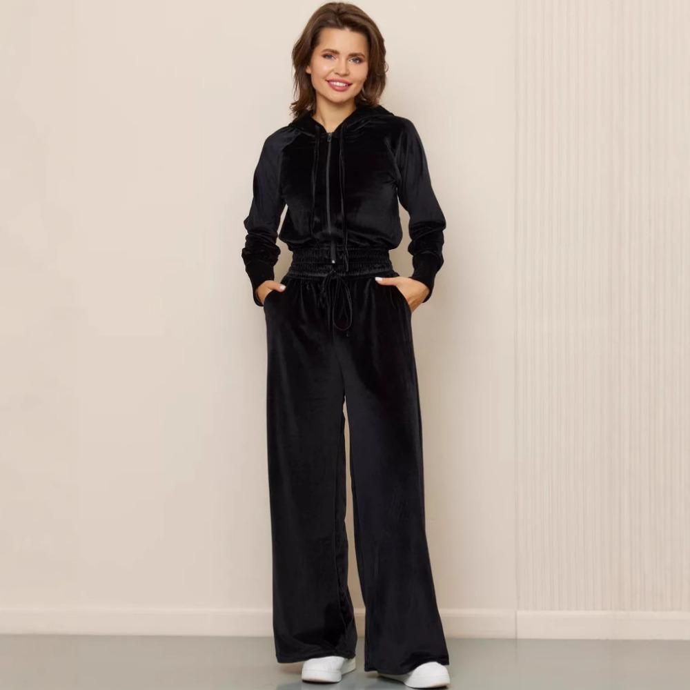 Casual sports velvet 2-piece suit with hooded long-sleeved top and wide-leg pants
