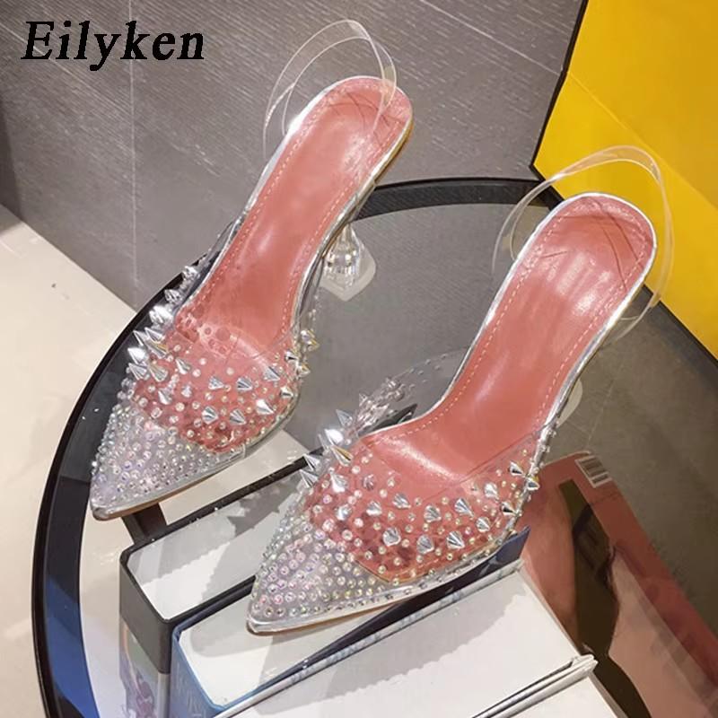 Fashion Eilyken Gold  Silver PVC Transparent Rivet Diamond Pumps Sandals Perspex Heel Pointed Toe Crystal Wedding Shoes